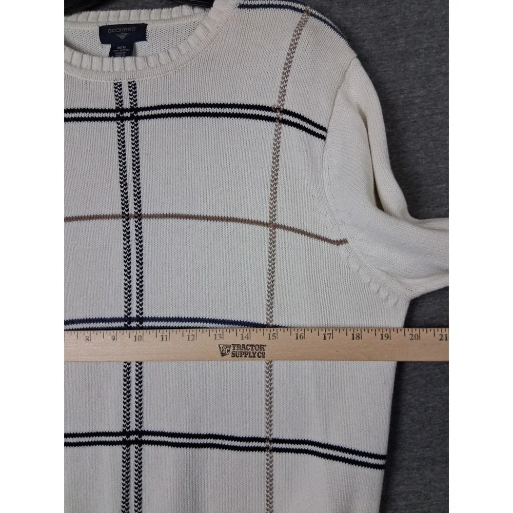 Dockers Mens Sweater Medium White Windowpane Plaid Cotton Pullover Classic 90s
